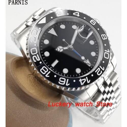 40mm Parnis Black Ceramic Bezel black dial blue GMT hands luminous marks sapphire glass automatic Mens Watch-PA61