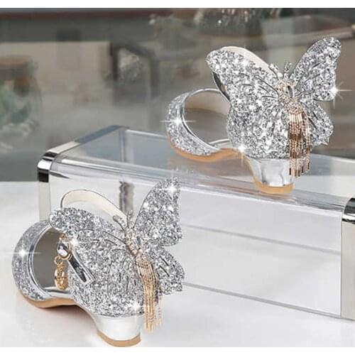 Girls Sandals Spring Autumn Butterfly Tassel Fashion Children High Heels Shoe Kids Princess Crystal Sequin Glitter Sandals