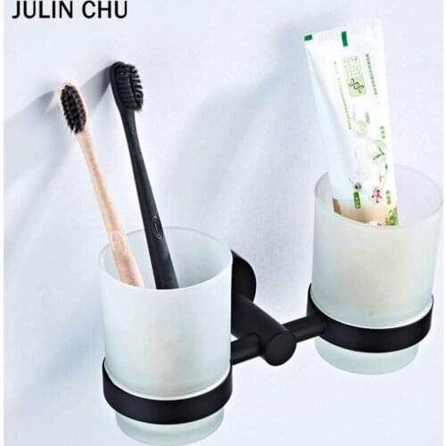 Frosted Glass Cup Tumbler Holder Black Brass Bathroom Double Cup Toothbrush Toothpaste Rack Shelf for Bath Hardware Accessories