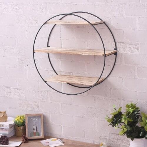 Round wrought iron wall shelf retro solid wood wall rack creative home multifunctional partition storage bookshelf