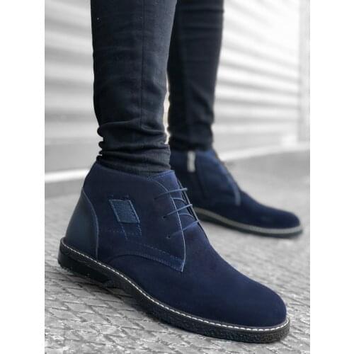 BA0157 Step-in Zipper Navy Blue Genuine Leather Male Half Ankle Boot