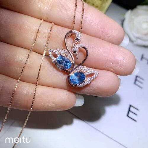 Natural blue topaz necklace pendant S925 silver natural gemstone pendant fashion Cute couple Swan girl women party gift jewelry