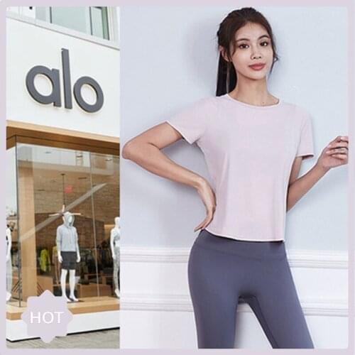 New Launch ALO Yoga Women Short Sleeve Shirt Yoga Seamless Sports Top Slim Breathable Fitness T-shirt Gym Workout Top R -40