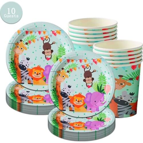 Forest Animals Disposable Tableware Monkey Plates Lion Napkins Woodland Happy Birthday Party Decor Kids Boy Jungle Amimals Favor