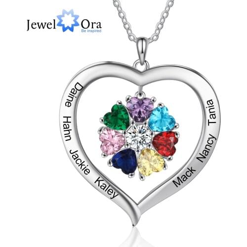JewelOra Personalized Heart Necklace with 1-8 Name Engraving Custom Birthstone Pendant Jewelry Birthday Gift for Mother Grandma