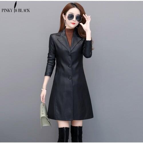 PinkyIsBlack Cool PU Leather Long Jacket 2020 New Spring Women Suit Collar Leather Windbreaker Trench Coat Slim Autumn Jacket