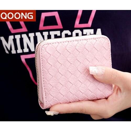 QOONG Hand-made Wallet Women Weave Soft PU Leather Wallets and Coin Purse Holder Sweet Candy Clutch Dollar Price Carteira 004