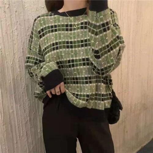 Y2K Green grandpa sweater O Neck Pullover Long Sleeve Pull Femme Autumn Winter 2021 New Loose Sueter Warm Outwear
