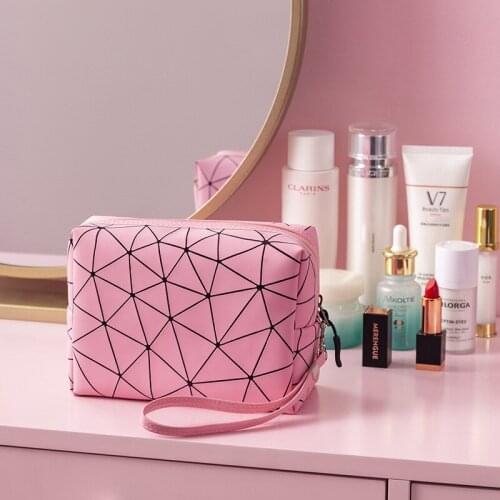 Women Makeup Bag for Purse Luxury Travel Cosmetic Bags Geometric Girls Makeup Pouch Portable Soft PU Leather Toiletry Organizer