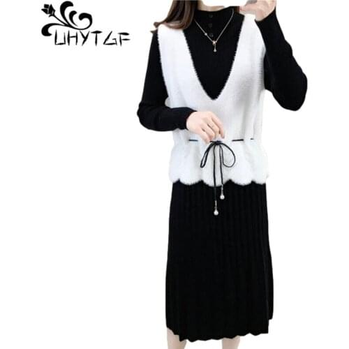 UHYTGF Mink Velvet Sweater Vest Women Autumn Winter Two Piece Set Female Pullover Knitted Dress Fashion Tops Waistcoat Suit 1314