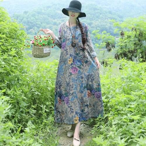 Women Cotton Linen Long Dress New Arrival 2021 Spring Arts Style Vintage Floral Print O-neck Loose Female Casual Dresses S3337