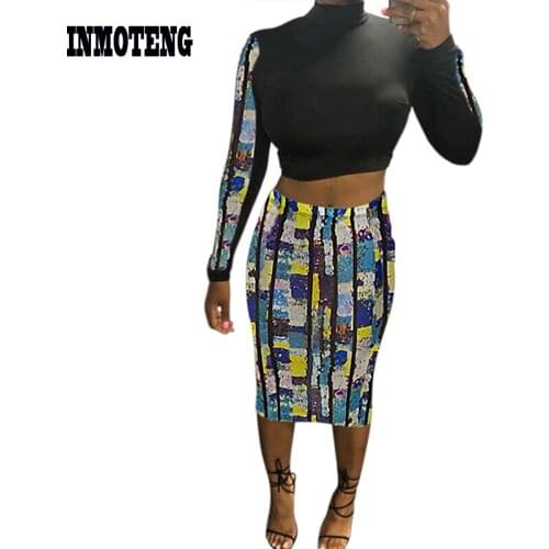 New Fashion Women Tie Dye Print Fleece Crop Top Skirts Dress Two Piece Set Ladies Long Sleeve Turtleneck Pencil Knee Vestidos