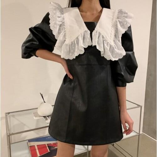 Alien Kitty 2021 Spring New Women Dresses French Solid PU Puff Sleeves Elegant Gentle Retro Mini Female Office Lady Vestidos