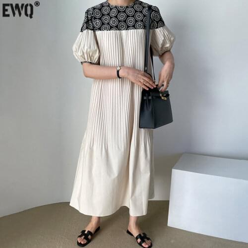 [EWQ] Korea Chic Summer Casual Fashion O Neck Robe Embroidery Flower Stitching Loose Puff Sleeve Midi Dress Women 2021 16E611