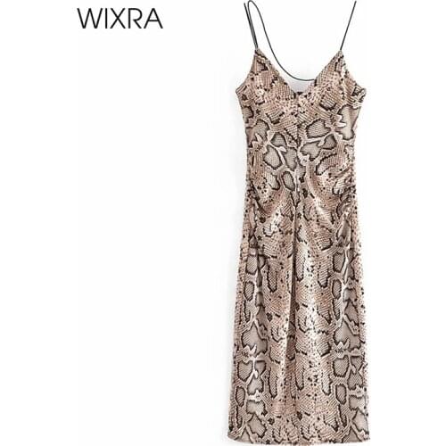 Wixra Womens Dress V-Neck Snake Leopard Slim Fit Mid-Calf Spaghetti Strap Party Holiday High Street Clothing