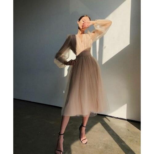 Vintage Long Sleeve Tulle Black Evening Dresses with Belt V-Neck Tea Length Zipper Back Formal Party Dress for Women