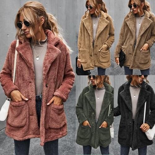 2020 Winter Women Plush Coat Lapel Long Sleeve Thick Fleece Warm Soft Jacket Solid Color Ladies Casual Outwear With Pocket