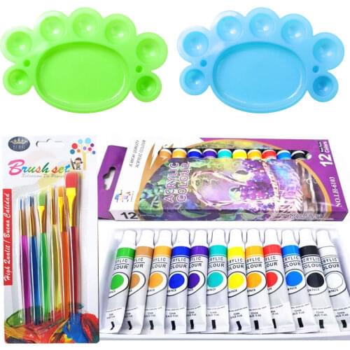 12 Colors 12ml Acrylic Paints Pigment Set with 6 Brushes 2 Palettes for Kids Adults Painting Graffiti Art Supplies