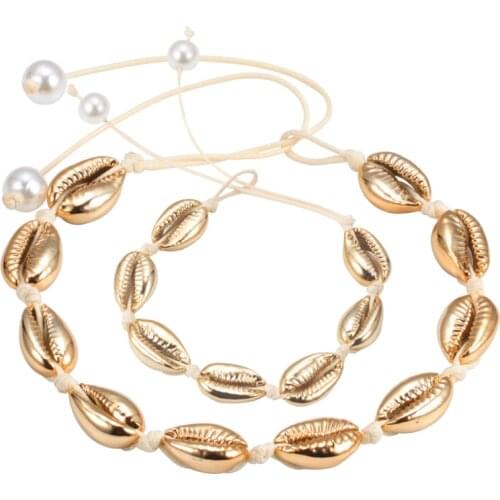 Hot Sale Handmade Bohemian Sea Shells Bracelets&Bangles Women Adjustable Rope Gold Cowrie Seashell Necklace Summer Beach Jewelry