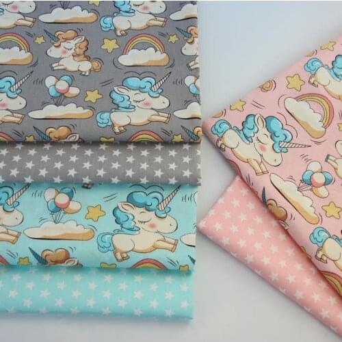160CM*50CM cotton cloth GRAY PINK AQUA cartoon unicorn rainbow stars fabric for DIY crib bedding cushion quilting handwork decor