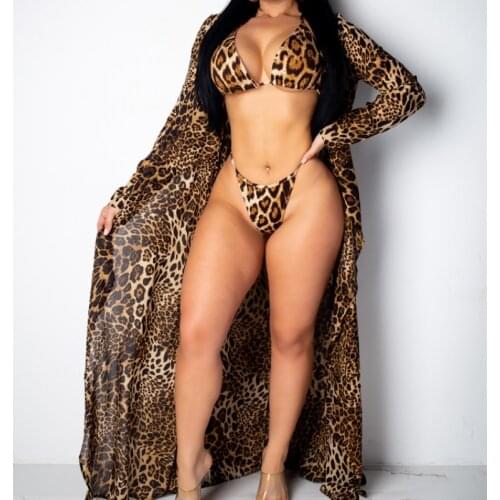 Hot Selling 3PCS Set Bikini Set Women Mujer Leopard Sexy Beachwear swimsuit cover suit Cardigan Bandage High Waist new
