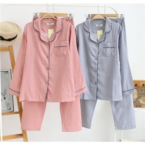 Fashion New Spring and Autumn Ladies Pajamas Suit Cotton Double-layer Gauze Long-sleeved Dot Cardigan Summer Home Service Women