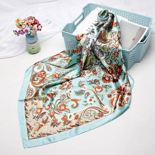 Fashion Kerchief Silk Satin Hijab Scarf For Women Bandana Head Floral Print Bag Scarfs 90cm*90cm Square Neck Scarves For Ladies