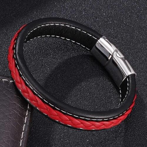 Personality Black Red Leather Bracelet Men Jewelry Stainless Steel Magnetic Clasps Male Wrist Band Fashion Bangles Gifts S0008