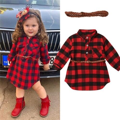 Newborn Toddler Baby Girls Dress Princess Dress Red Plaid Shirt Dress plaid skirt with Belt Outfits Baby children clothes