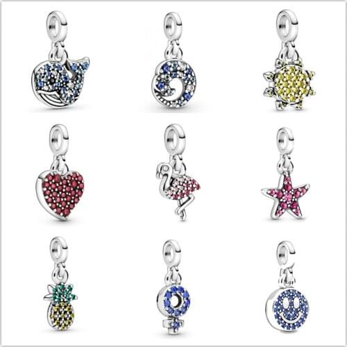 New Summer Me Collection Silver 925 jewelry My Pineapple Flamingo Starfish Blue Whale Ocean Wave Dangle Charms Fit Bracelets DIY