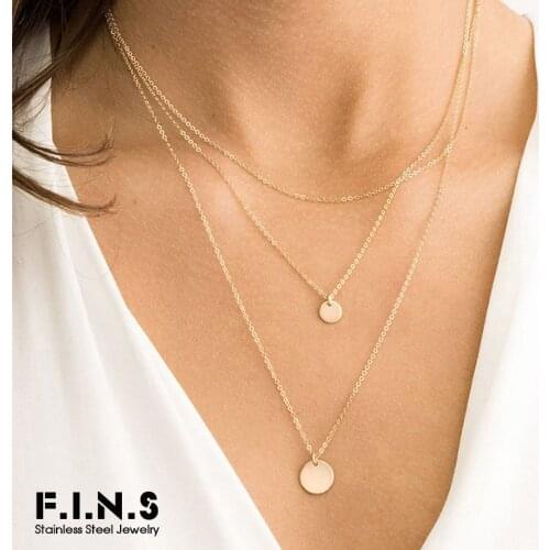 F.I.N.S Simple Multi Layered Round Coin Pendant Necklace Chocker Necklaces for Women Stainless Steel Necklace Minimalist Jewelry