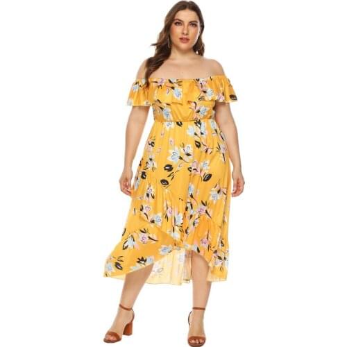 Sexy Boho Strapless Irregular Floral Print Beach Dress Summer Women Slash Neck Wrapped Waist Vestidos Ruffle Plus Size Dresses