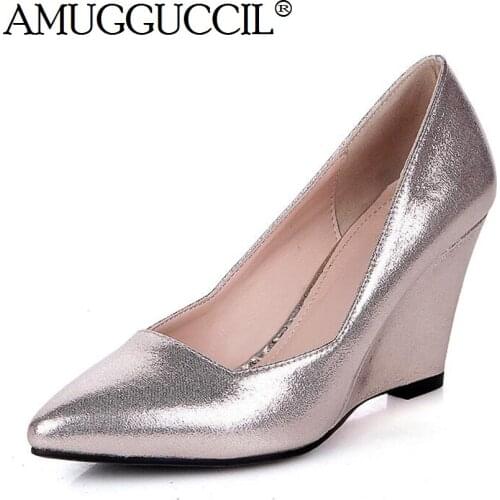 Beige Gold Silver Pink Pointed Toe Fashion Sexy Wedges Spring Autumn Office Females Lady Women Shoes Pumps D1267