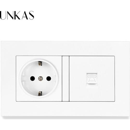 UNKAS PC Plastic Panel 16A EU Standard Wall Power Socket + RJ11 Telephone Connector Jack 146MM*86MM 2 Gang Outlet