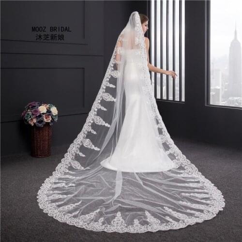 Gorgeous Wedding Veil Crystals Sequined 3.5 Meters Cathedral Beading Lace Edge Voile Luxury One-Layer Appliqued Veils in Stock