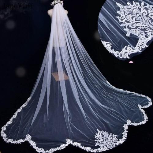 JaneVini Gorgeous Ivory Cathedral Long Wedding Veils Retro Big Appliques Edge Lace Women Veil with Comb Bridal Hair Accessories