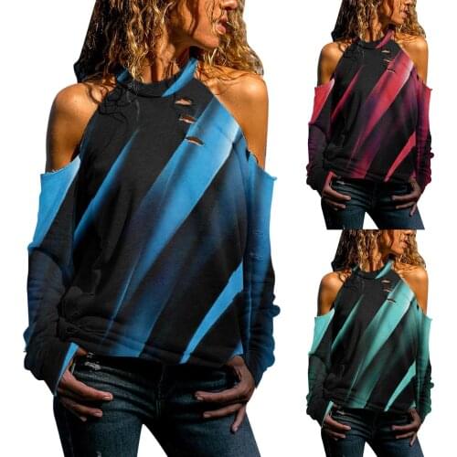 Halloween Women Long Sleeve Off Shoulder Hollow Out Sexy T-shirt Blouse Tops Color Gradient Daily All-match Sexy Girls Shirt Top