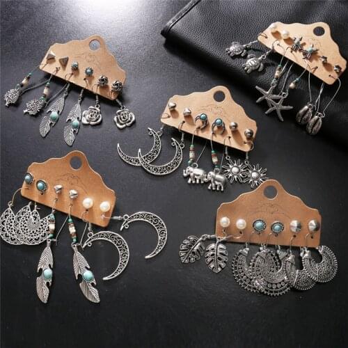 Bohemia Ethnic Moon Sun Shell Dangle Drop Earrings For Women Vintage Geometric Brincos Retro Metal Earrings Set Jewelry 2020 New
