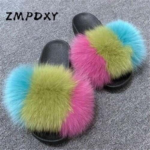 Womens Cute Plush Home Shoes Kids/Childrens Real Fox Fur Slippers Ladies Fluffy Flip Flops Female Furry Slides Big Fur Sandals