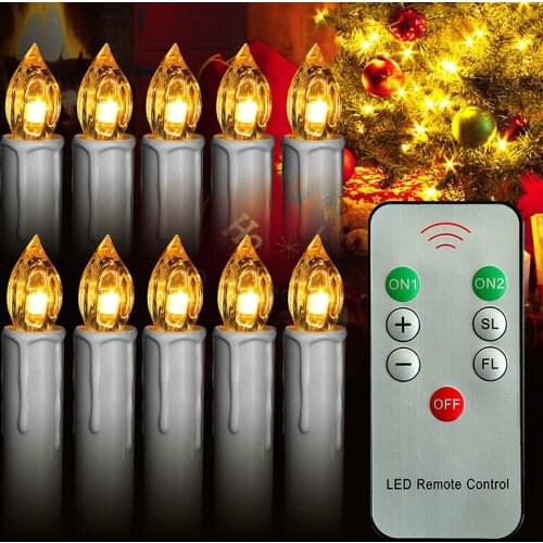 10pcs Electronic Taper Candles Remote Control Flcker LED Xmas Tree Clip Light Frameless AA Night Light Wedding Brithday Decors
