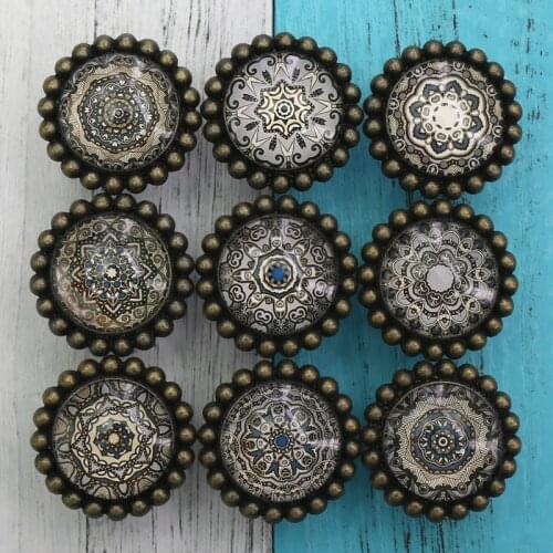 1x Retro Geometry Glass Drawer Knobs Vintage Bronze Metal Round Cabinet Door Drawer Closet Dresser Pulls Handle with Screws