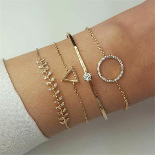 4pcs/set Rhinestones Leaf Charm Bracelets for Women Elegant Gold Geometric Triangle Circle Charm Cuff Bangle Bracelet Jewelry