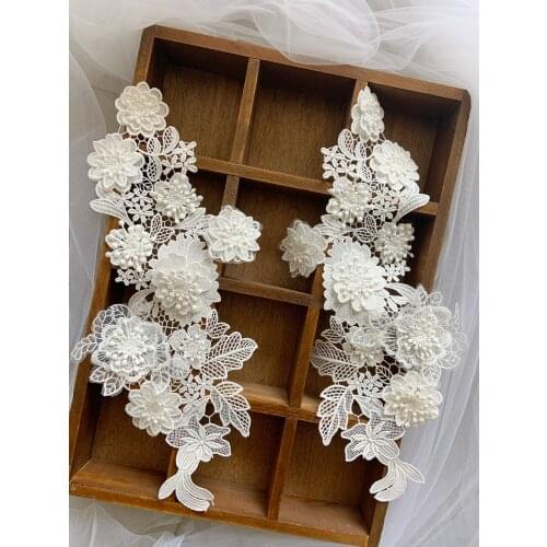6 PCS Off White Lace Applique With 3D Flowers For Bridal Dress, Headpiece