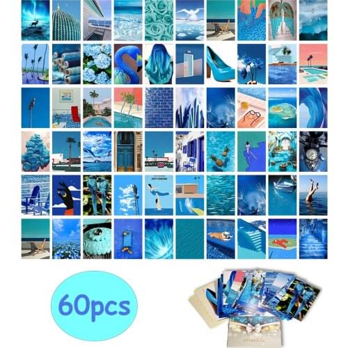 60PCS Photo Wall Collage Kit Blue Aesthetic Pictures For Teen Girls Room Dorm Wall Decor Gift For Birthday Graduation Christmas