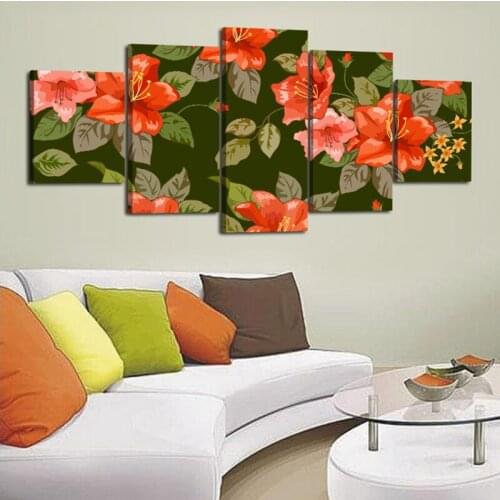 Spray Painting Abstract Red Flower Canvas Printings 5 Panel Decoration Paintings for Living Room Decoration Wall Art Unframed