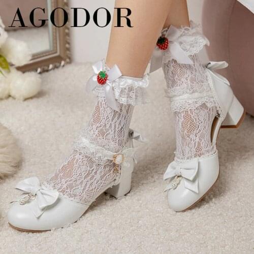AGODOR 2021 Spring Two Piece Lolita Shoes Women Med Heels Round Toe Block Heel Cosplay Pumps Bow Buckle Female Footwear Pink 48