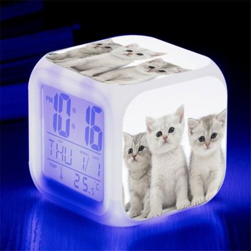 Cute Cat Digital Alarm Clock 7 Colors Change Despertador Lovely Cats Led Clocks Action Figure Light Up Kids Toys Doll