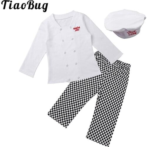 TiaoBug Baby Kids Cook Chef Costume Toddlers Boys Girls Halloween Party Roleplay Kitchen Uniform Cotton Shirts Pants Hat Set