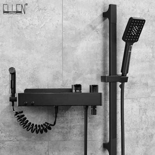 ELLEN Functional Shower Set With Sliding Bar Black Hot Cold Wall Shower Faucet Rainfall Waterfall with Hand Shower ELS9268