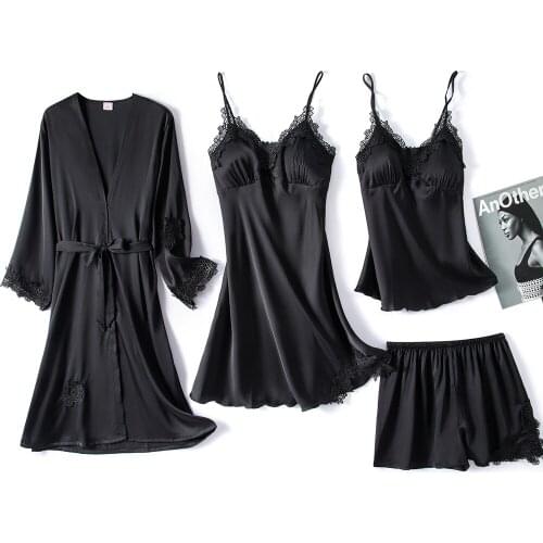 4PCS Pajamas Sets Summer Lady Lace Satin Sleepwear Sleep Suit Sexy V-Neck Chest Pads Pijamas Home Nightwear Intimate Lingerie